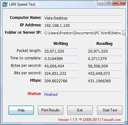 LAN Speed ​​Test быстро сообщает вам скорость вашей сети, но не может распечатать результаты на диск